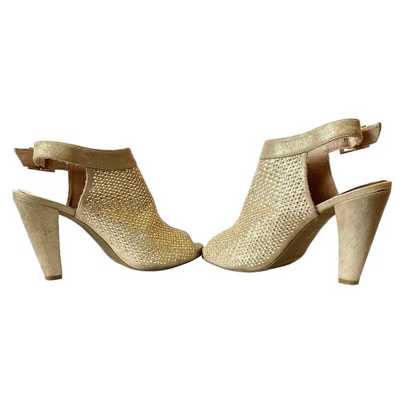 Jennifer Lopez Sasha Bling Champagne Suede Slingback Gold Stud Peep Toe Heels-9M - Picture 10 of 15